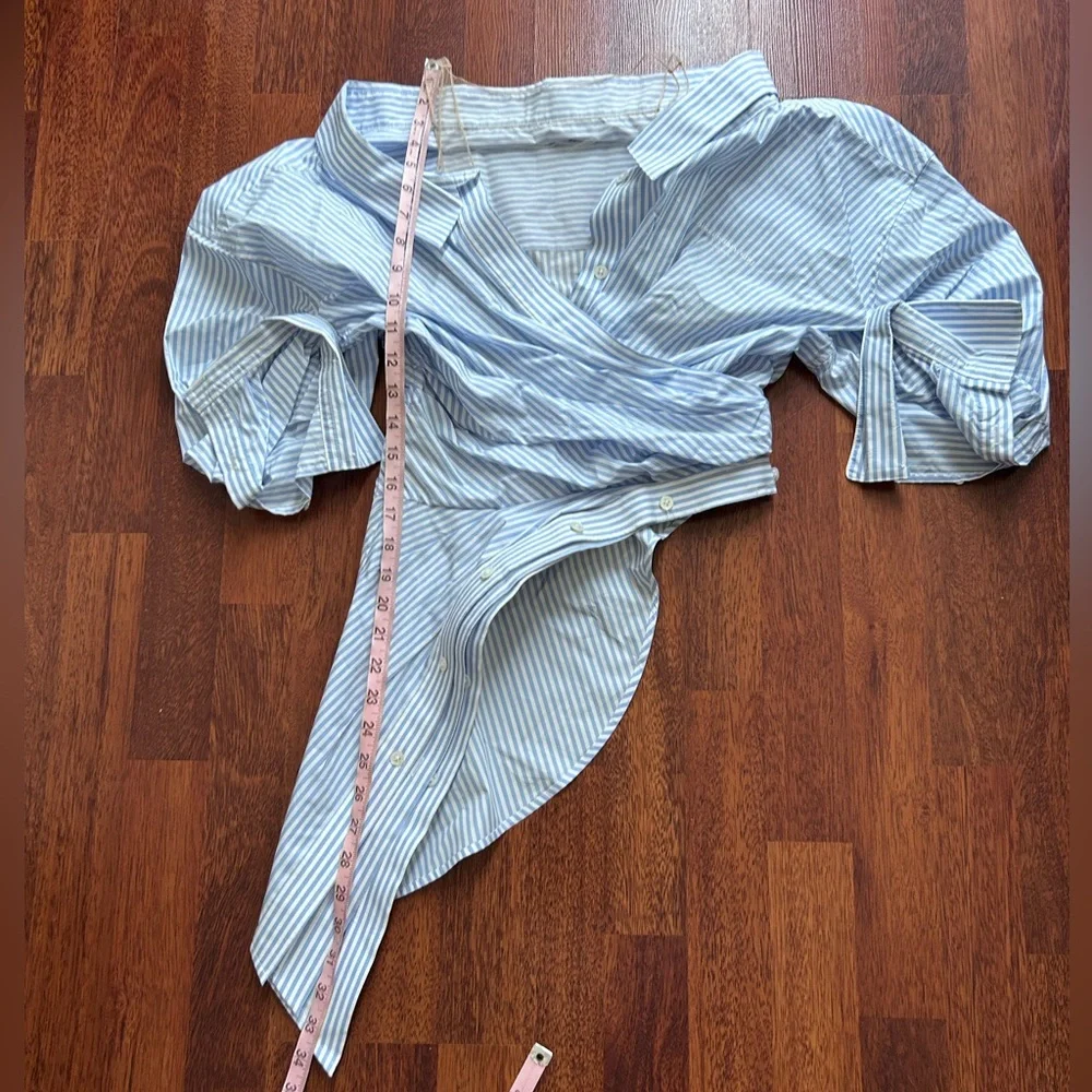 SOLD! Alexander Wang Off Shoulder Asymmetric Striped Mesh Accent Poplin Top 2 - Picture 13 of 17